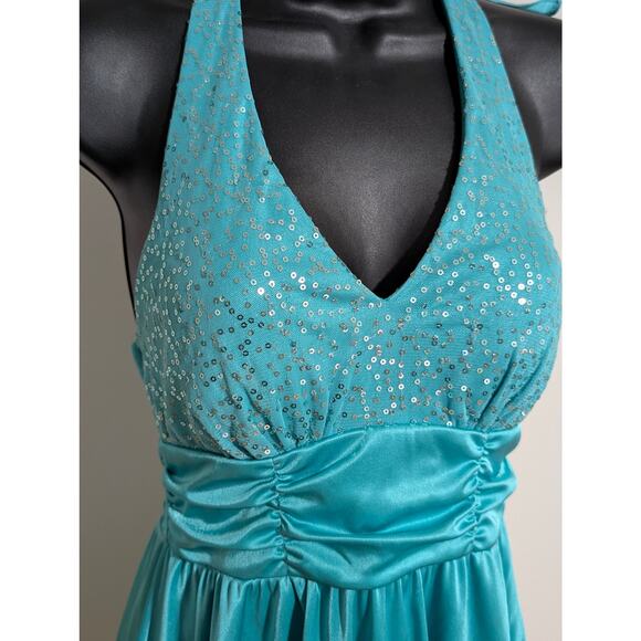A.Byer Teal Blue Shimmer Halter Top Knee Length Semi Formal Dress Small - Picture 3 of 6